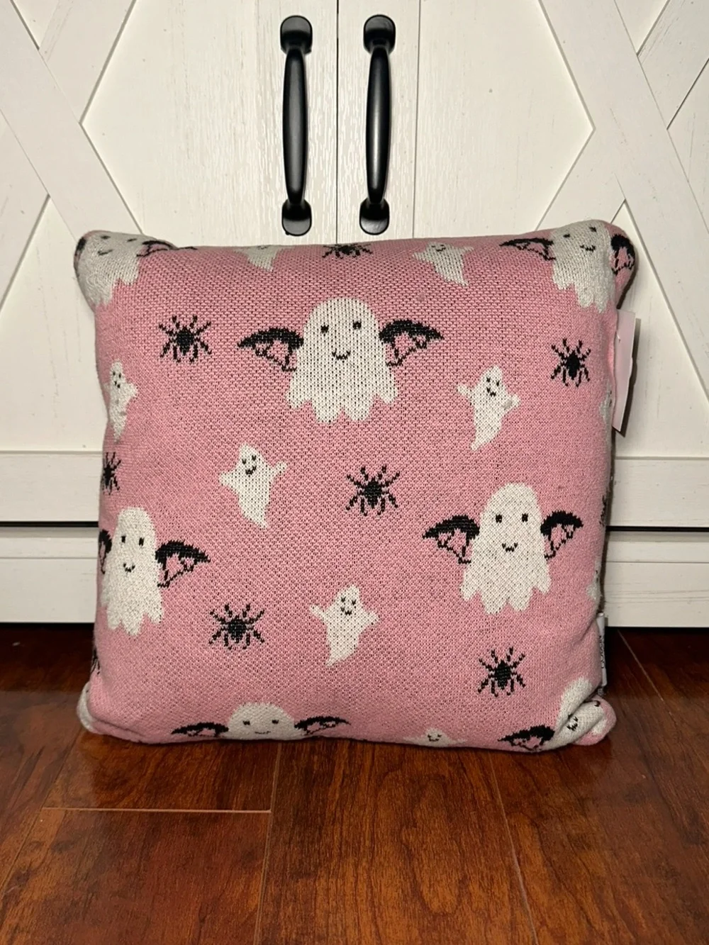 Goblin & Ghoul Pink Halloween Ghost & Spider Knitted Decorative Throw Pillow